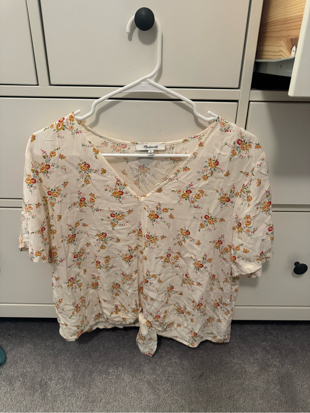 Madewell Cream Floral V-Neck Tie-Front Blouse